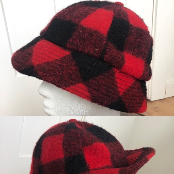 Vintage Red Black Buffalo check Plaid Wool built in bill Bucket Hat - Picture 1 of 10